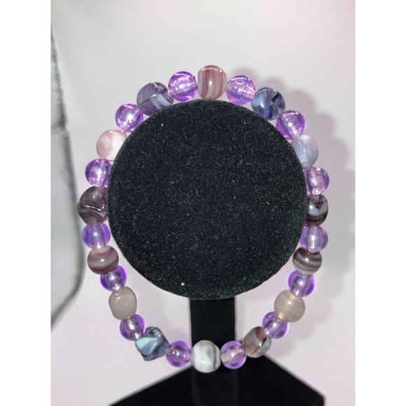 Purple Different Stripe Agate Stretch 3 7/8 Inch Around Bracelet! - Picture 4 of 6